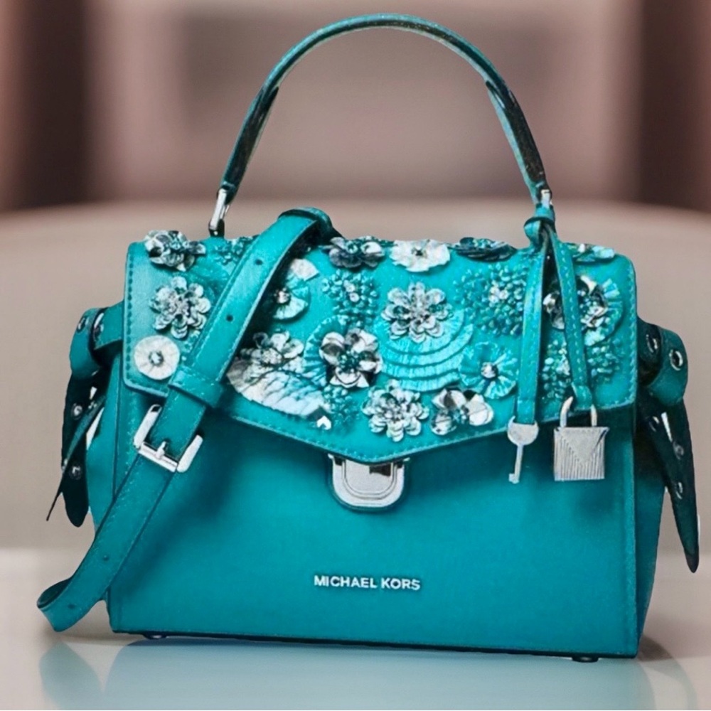 Michael Kors Teal Floral Embellished Satchel